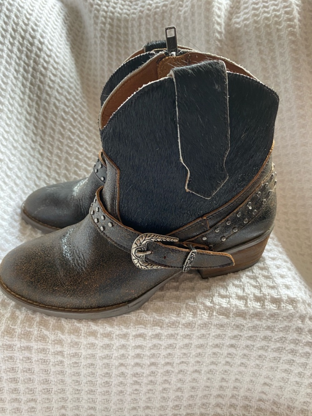 Black Western-Style Ankle Booties with Studded Strap